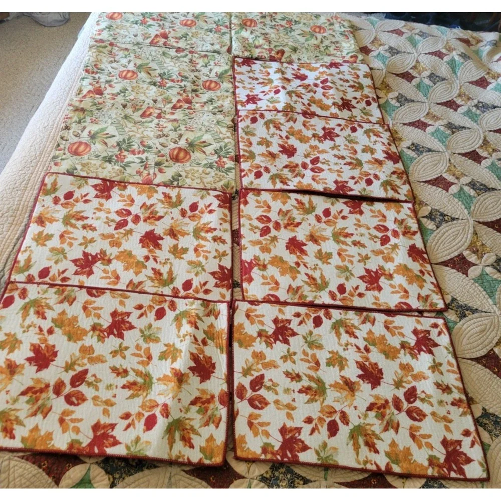 Fall Harvest Pumpkin Placemats Set of 8 pc Reversible Leaf Red Orange Cream